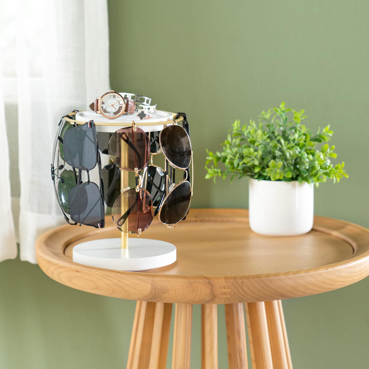 Mkono 360° Rotating Sunglasses Organizer Glasses Holder Stand Metal Frame with Wood Base and Tray Eyeglasses Storage Display Rack for up to 12 Pairs of Eyewear for Table Dresser Desk Bedroom, Gold Mkono