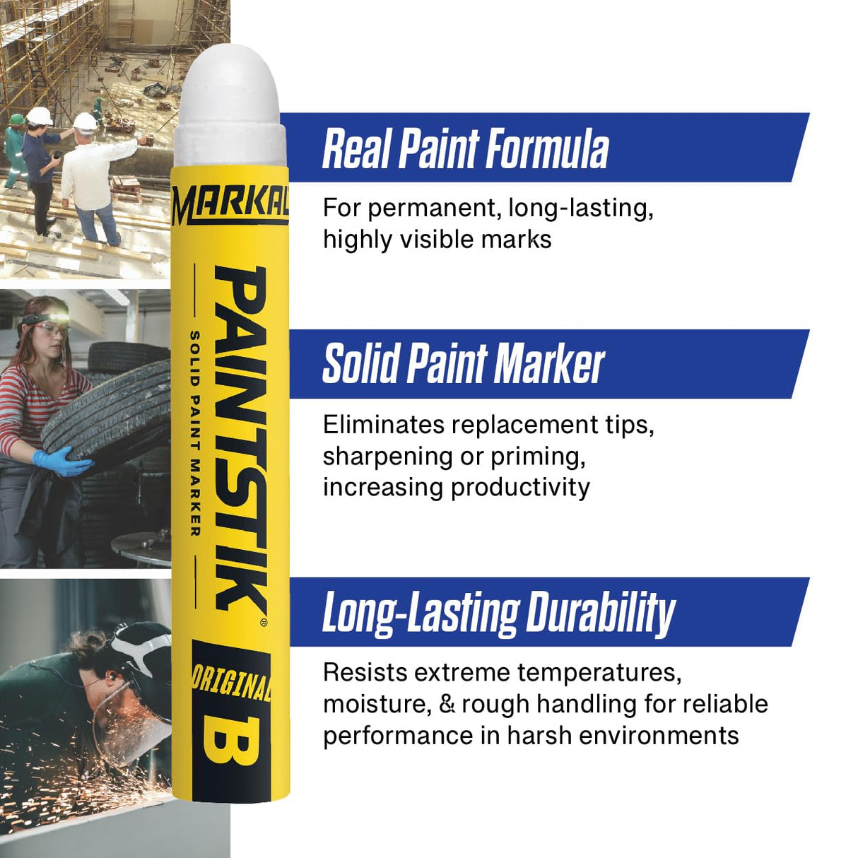 Markal 12-Pack White Paint Markers - Permanent, Waterproof & UV Resistant for Metal, Wood, Tires - Home & Industrial Use, Fade-Resistant, Made in USA - Works on Oily, Icy, Wet, Dry & Cold Surfaces Markal