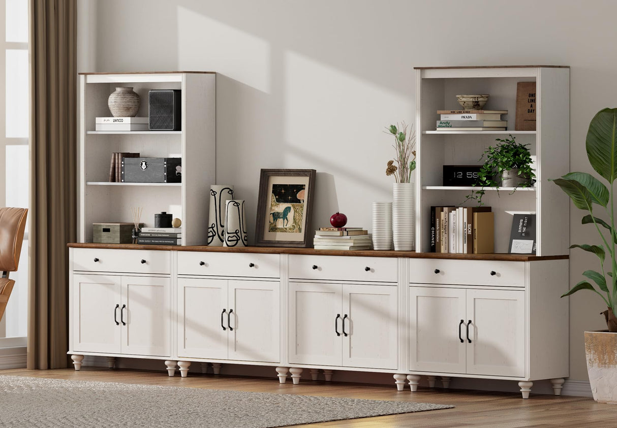 WAMPAT Entertainment Center with Bookshelves for TVs up to 75", Farmhouse Wall Unit TV Stand with 8 Doors & 4 Drawer, Media Console Table for Living Room, Bedroom & Home Theater, Off White WAMPAT