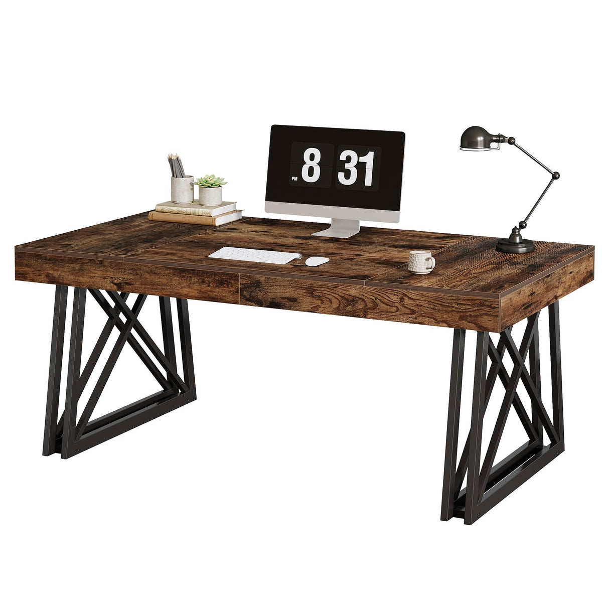 Tribesigns 63-Inch Executive Desk, Farmhouse Office Computer Desk with Sturdy X-Shaped Legs, Large Writing Table Business Furniture Workstation for Home Office, Study (Rustic Brown & Black) Tribesigns