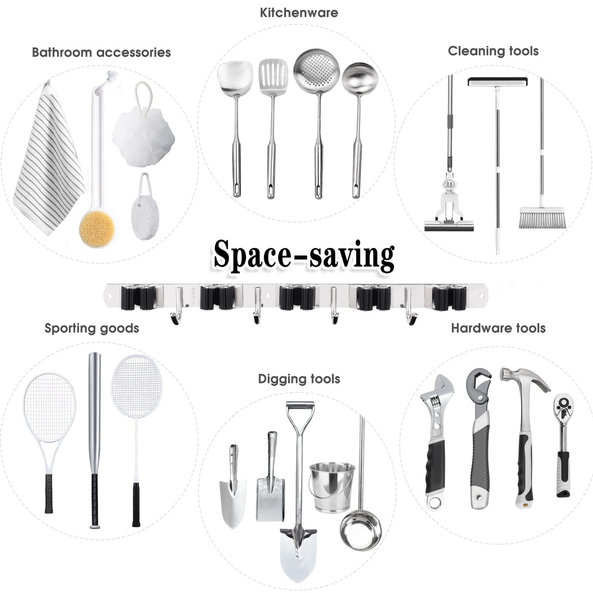 AceMining 5 Racks and 4 Hooks Mop and Broom Holder Wall Mount, Broom Organizer Storage Tool Racks Stainless Steel Heavy Duty Hooks Self Adhesive Solid Non-slip for Home Kitchen Garden Laundry Garage AceMining