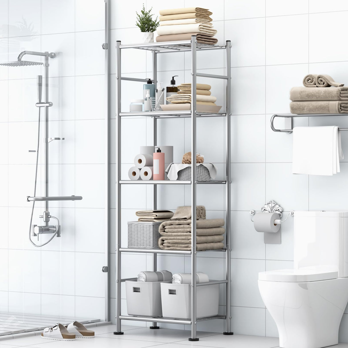 Sakugi Storage Shelves - Set of 2, 5-Tier Metal Shelf Organizer, Space-Saving Garage Shelving with Leveling Feet, Standing Shelves Organizer for Kitchen, Laundry, Pantry (18.4"x12.6"x57.4", Silver) Sakugi