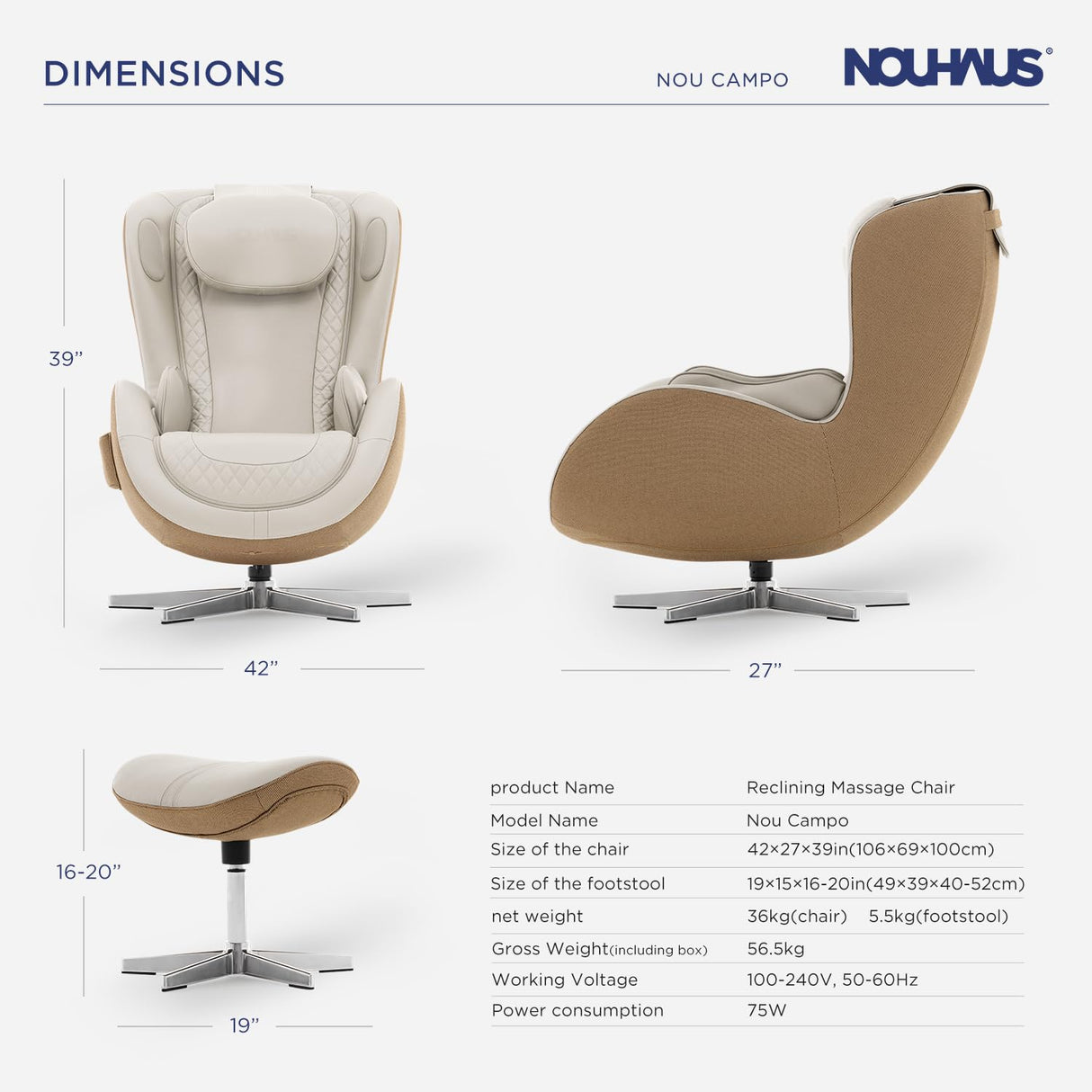 Nouhaus NOU Campo Heated Massage Chair,Full Body Massaging Zero-Gravity Leisure Recliner with Low-Noise 3D Massage and Dual Sound Systems Modern Massage Chairs (Elder White) Nouhaus