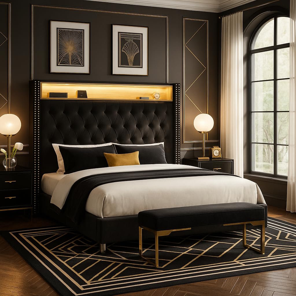 Jocisland King Size Bed Frame 53.6'' Tall Storage Headboard with LED Lights & Charging Station, Velvet Upholstered Button Tufted Wingback Platform Beds, No Box Spring Needed, USB Ports, Black Jocisland