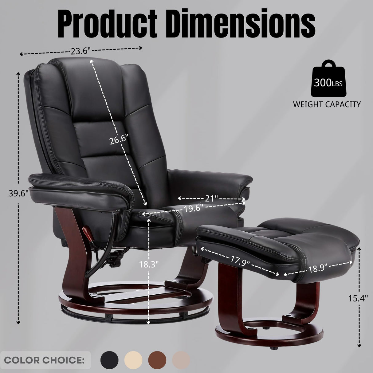 JC Home Argus Swivel Recliner with Ottoman, PU Leather & Wood Base Reclining Chair with Footrest, Ultra-Plush Double Foam for Living Room, Bedroom and Office JC Home