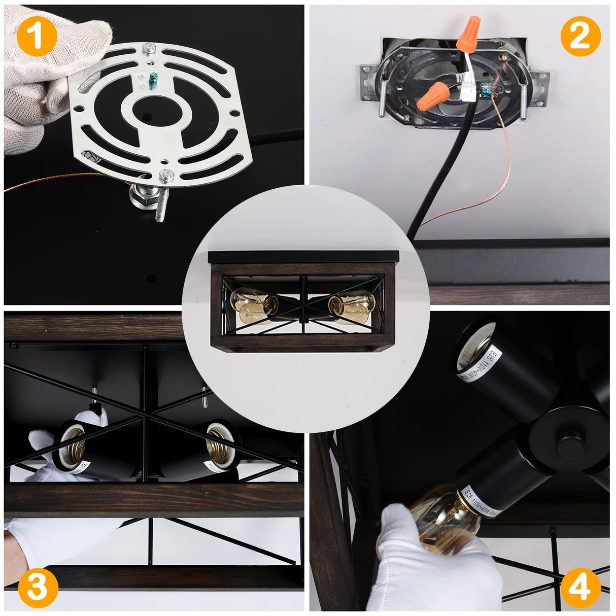 eyassi Wooden Flush Mount Ceiling Light, 4-Light Rustic Farmhouse Light Fixtures, Industrial Square Ceiling Light Fixture with E26 Socket for Kitchen Entryway Living Room Dining Room Bedroom eyassi