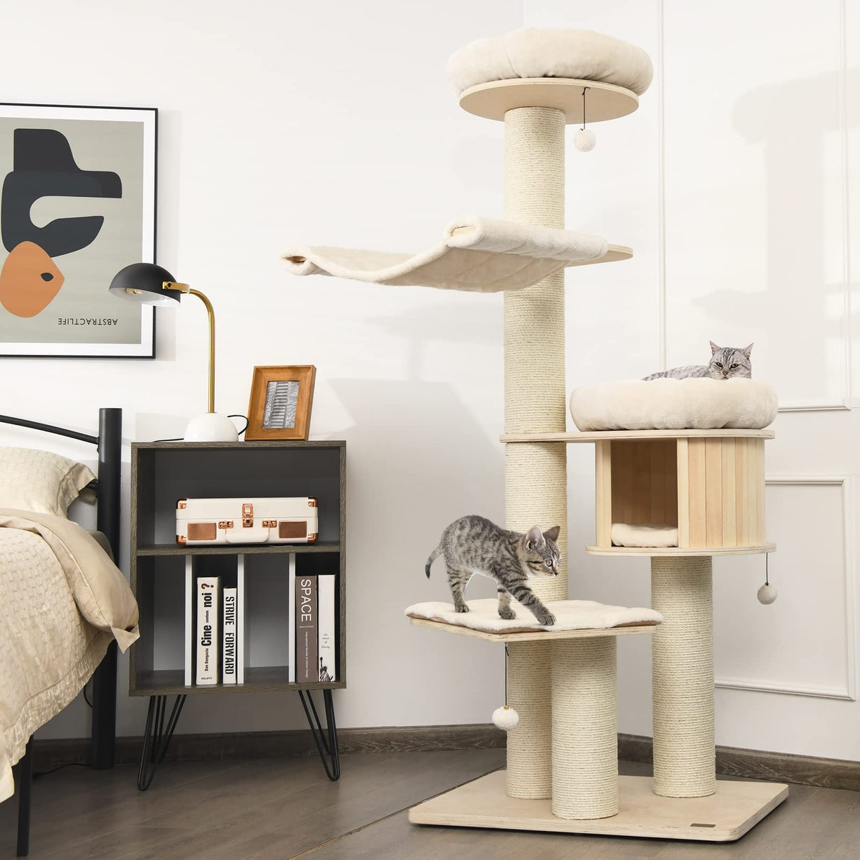 Tangkula Modern Cat Tree, Multi-Level Large Cat Tower w/Cat Condo, Hammocks & Hanging Basket, Tall Cat Tree w/Sisal Posts, Washable Cushions, Wood Cat Trees and Towers for Indoor Large Cats Tangkula