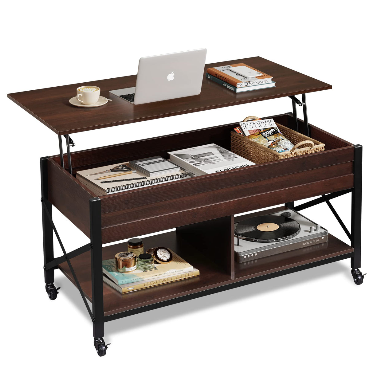 WLIVE Lift Top Coffee Table for Living Room, Coffee Table with Storage, Hidden Compartment and Metal Frame, Central Table with 4 Casters for Reception Room, Espresso WLIVE