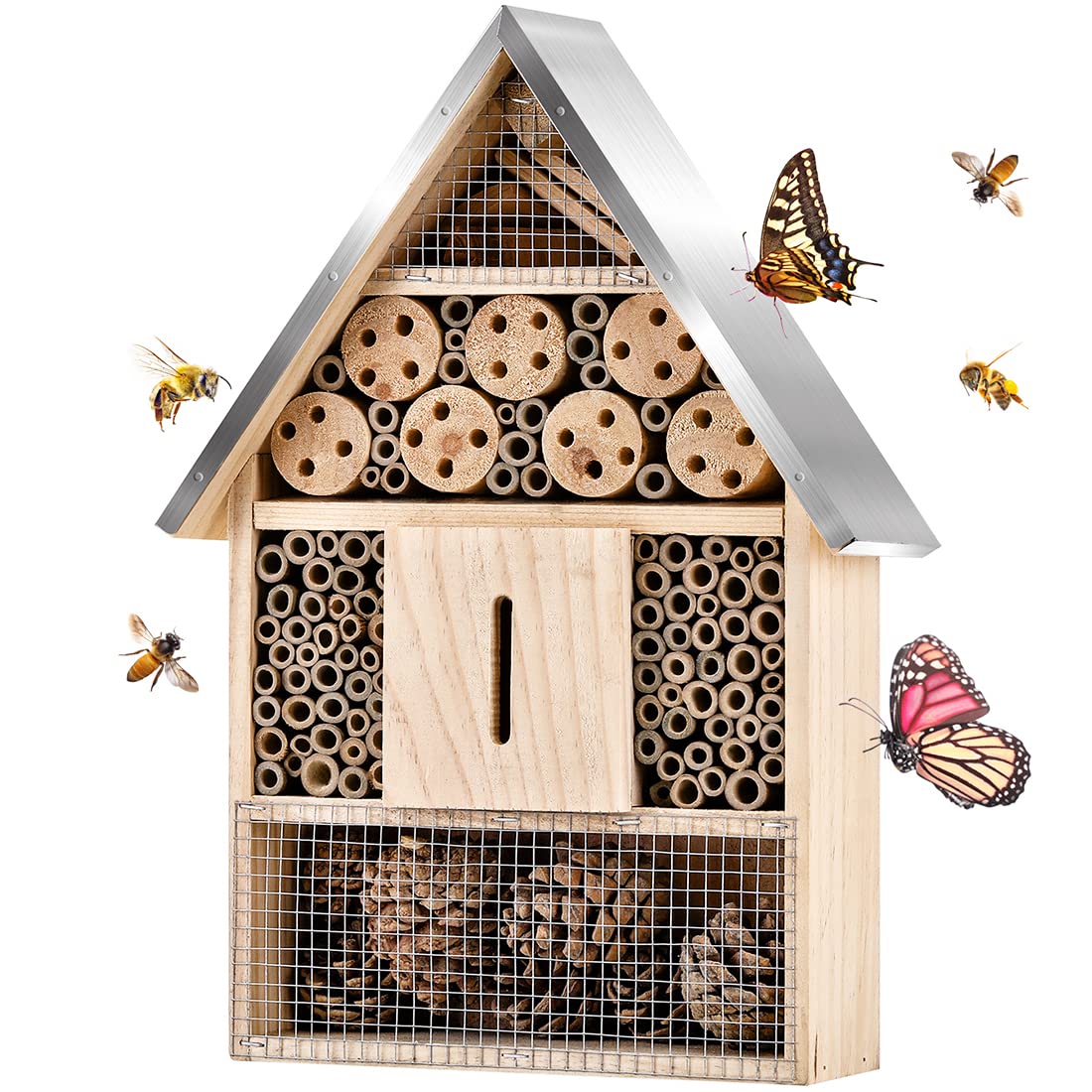 Elipark Wooden Mason Insect Bee Butterfly House,Insect Hotel,an Outdoor Hanging Bamboo Habitat for Bee Butterfly Ladybugs Live,Bee Box,Butterfly Habitat for Garden,9 x 15.7 x 2.5 Inch Elipark