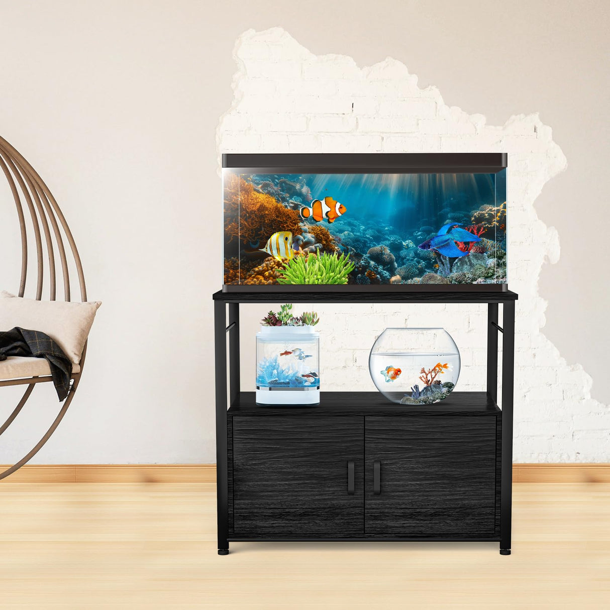 40-50 Gallon Aquarium Stand, Heavy Duty 760lbs Capacity, Metal Fish Tank Stand with Storage, Adjustable Feet, Double Storage Shelves, 31.5"x17.72"x27.56" Black Samesay