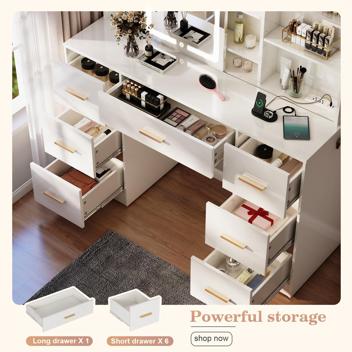 knoworld 47'' Large Vanity Desk with Mirror and Lights, 7 Drawers, 8 Storage Shelves Vanity Table, Big Makeup Vanity Desk with 3 LED Lighting Modes, Vanity Dresser with Outlet, Sliding Mirror (White) knoworld