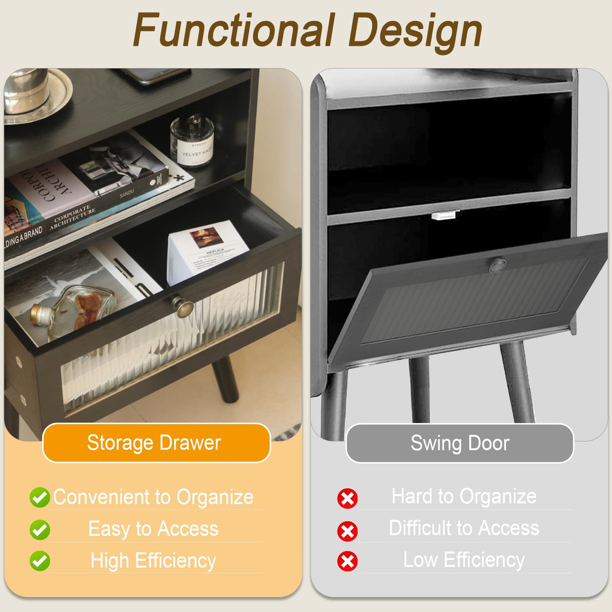 AWASEN Black Nightstand with Charging Station, Modern Bedside Table with Glass Decorative Drawer, Small End Table Side Table with 2 Tiers Storage Space, for Bedroom, Office and Small Space (Black) AWASEN