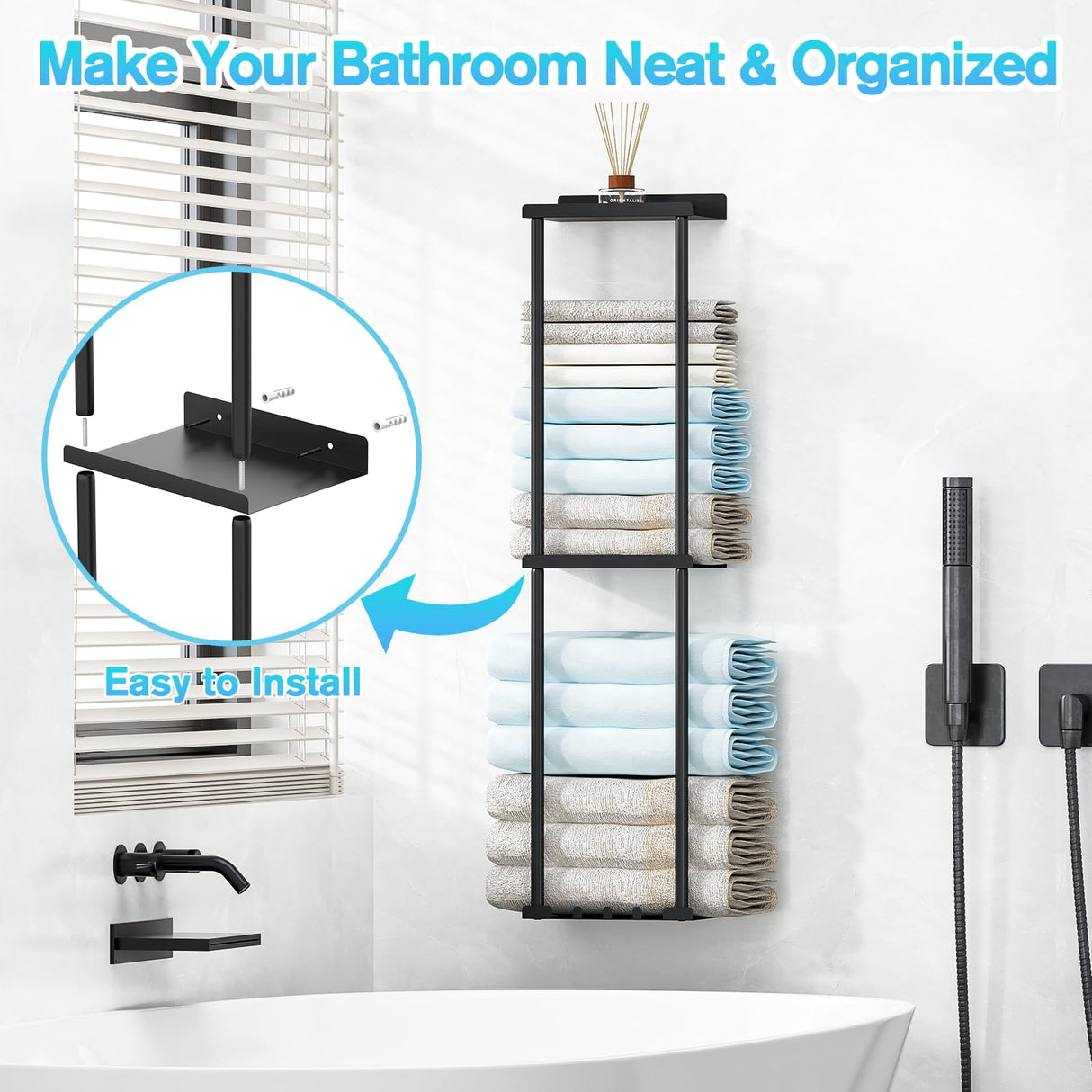 Liuoud Towel Rack for Bathroom, Wall Mounted Vertical Rolled Towel Storage Organizer Holder with Shelf, Holds Up 6 Large Bath Sheets, Black Liuoud