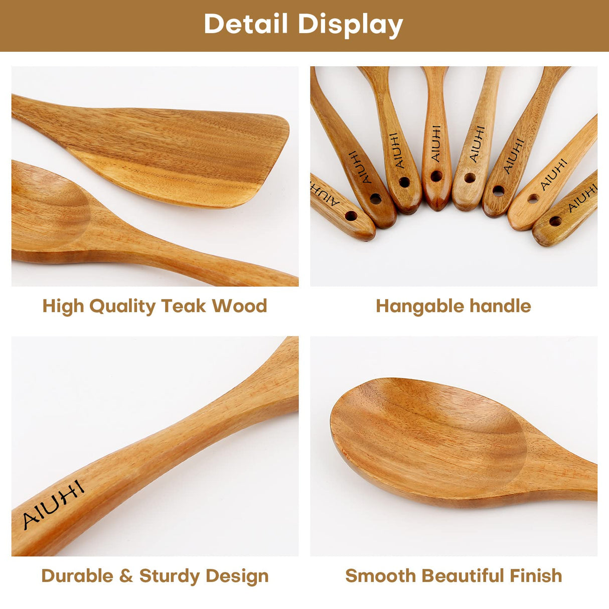 Wood Spoons for Cooking,Nonstick Kitchen Utensil Set,Wooden Spoons Cooking Utensil Set Non Scratch Natural Teak Wooden Utensils for Cooking(Teak 8 Pack) AIUHI
