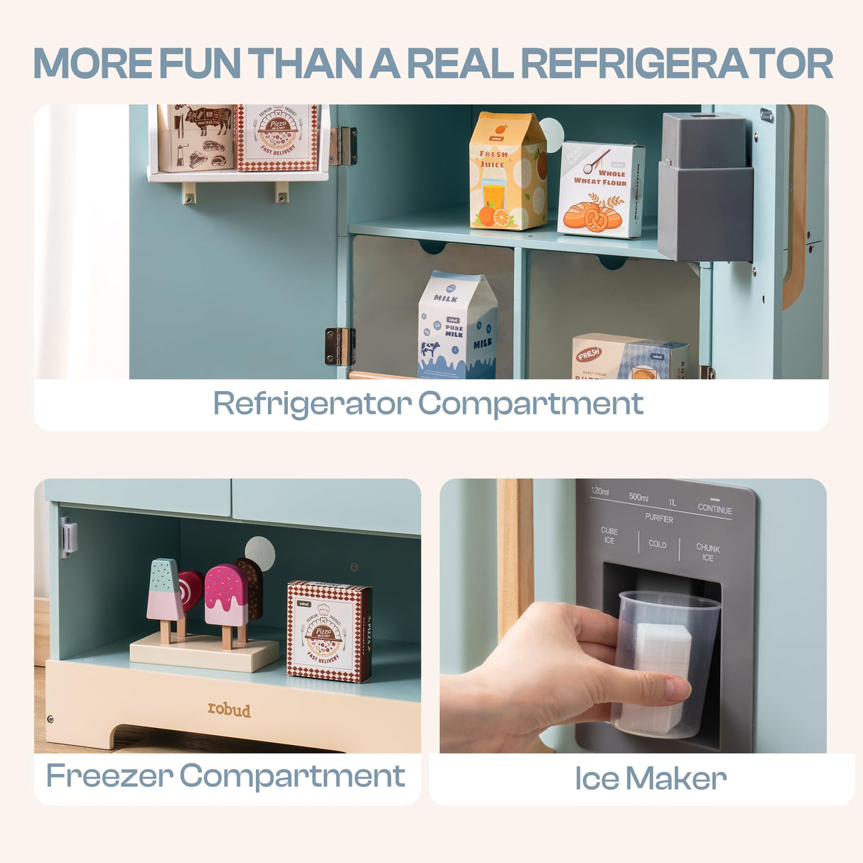 ROBUD Fridge Refrigerator with Ice Dispenser, Wooden Play Fridge Freezer Set for Kids, Toddler Kitchen Playset with Full Accessories Pretend Play Set, Gift for Boys & Girls, Age 3+ ROBUD