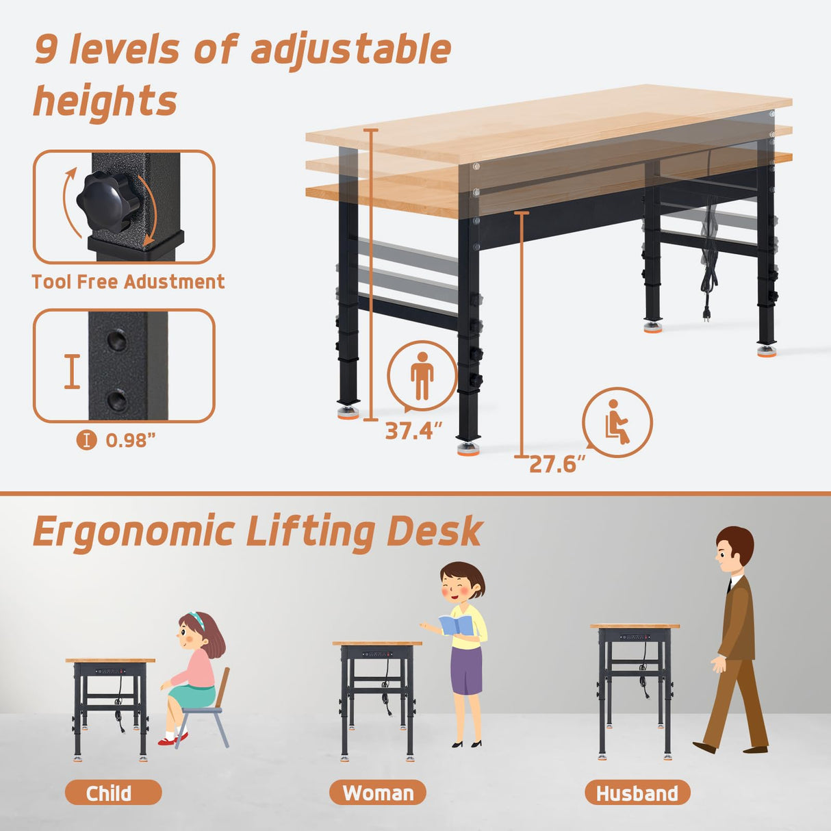 DAKITO 48" Heavy-Duty Workbench Adjustable Work Bench Work Table 2000 LB Load Capacity w/Hardwood Top, Power Outlets, Foot Pads and Metal Frame for Garage, Workshop, Office, Home, Workstation DAKITO