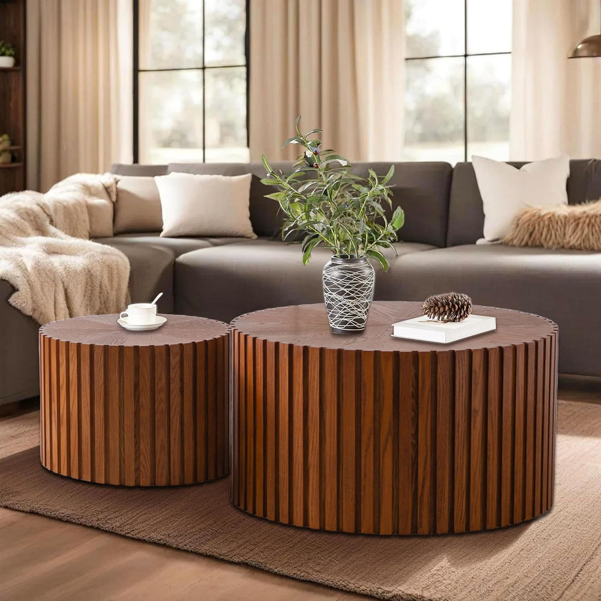Handcraft Round Nesting Coffee Table - Chic Wave Stripe Edge, Modern Stylish Walnut Wooden Circle Fluted Center Table for Living Room (27.6in+19.7in) Generic