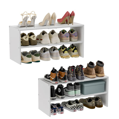 2 Pack White Shoe Rack for Closet, 2-Tier Expandable Small Shoe Shelf, Stackable Iron Wood Combination Shoe Organizer Racks Shelves for Closets, Entryway, Hallway, Garage, Holds 15-24 Pairs