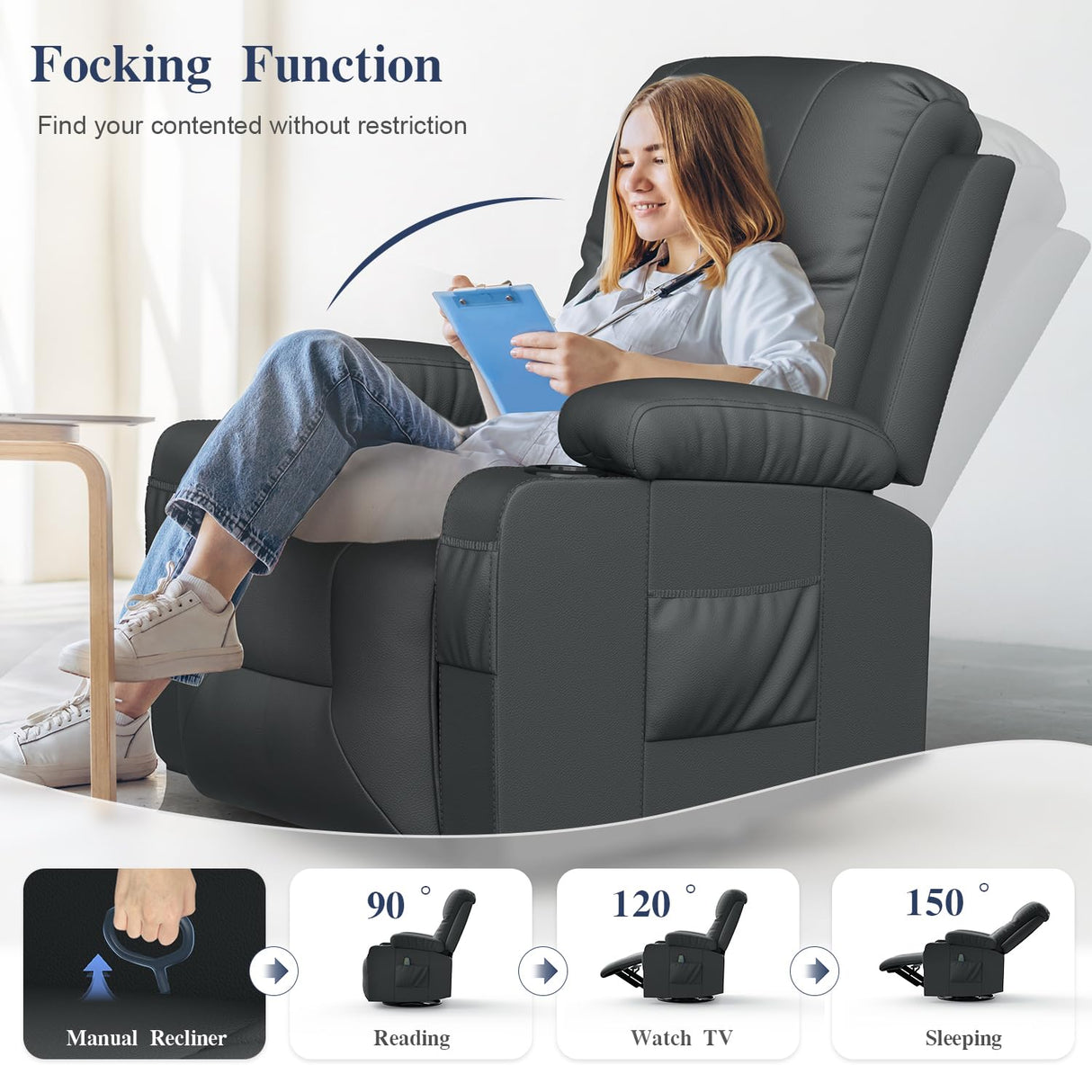 FURNIMAT Recliner Chairs for Adults, Massage Rocker with Heated Modern Ergonomic Lounge 360 Degree Swivel Single Sofa Seat Living Room Lounge Recliners Gray FURNIMAT