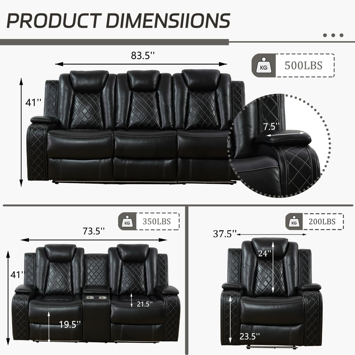 Plithzy Leather Power Recliner Sofa Set with LED, Living Room Furniture Set, Leather Sofa Set with USB Port Storage Console Cup Holder (Power Reclining Sofa Set, Black) Plithzy