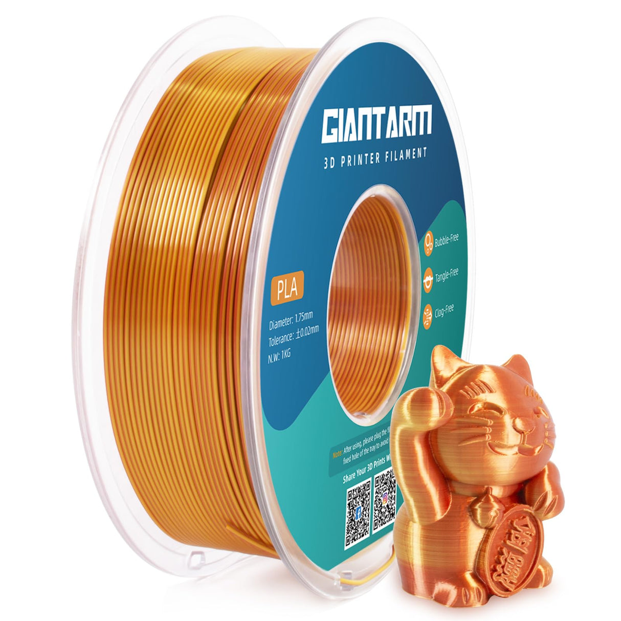 GIANTARM Dual Color PLA Filament, Silk PLA Filament 1.75mm +/-0.02mm,1KG Spool(2.2lbs) Vacuum Packaging, 3D Printing Filaments Fit Most FDM Printer GIANTARM