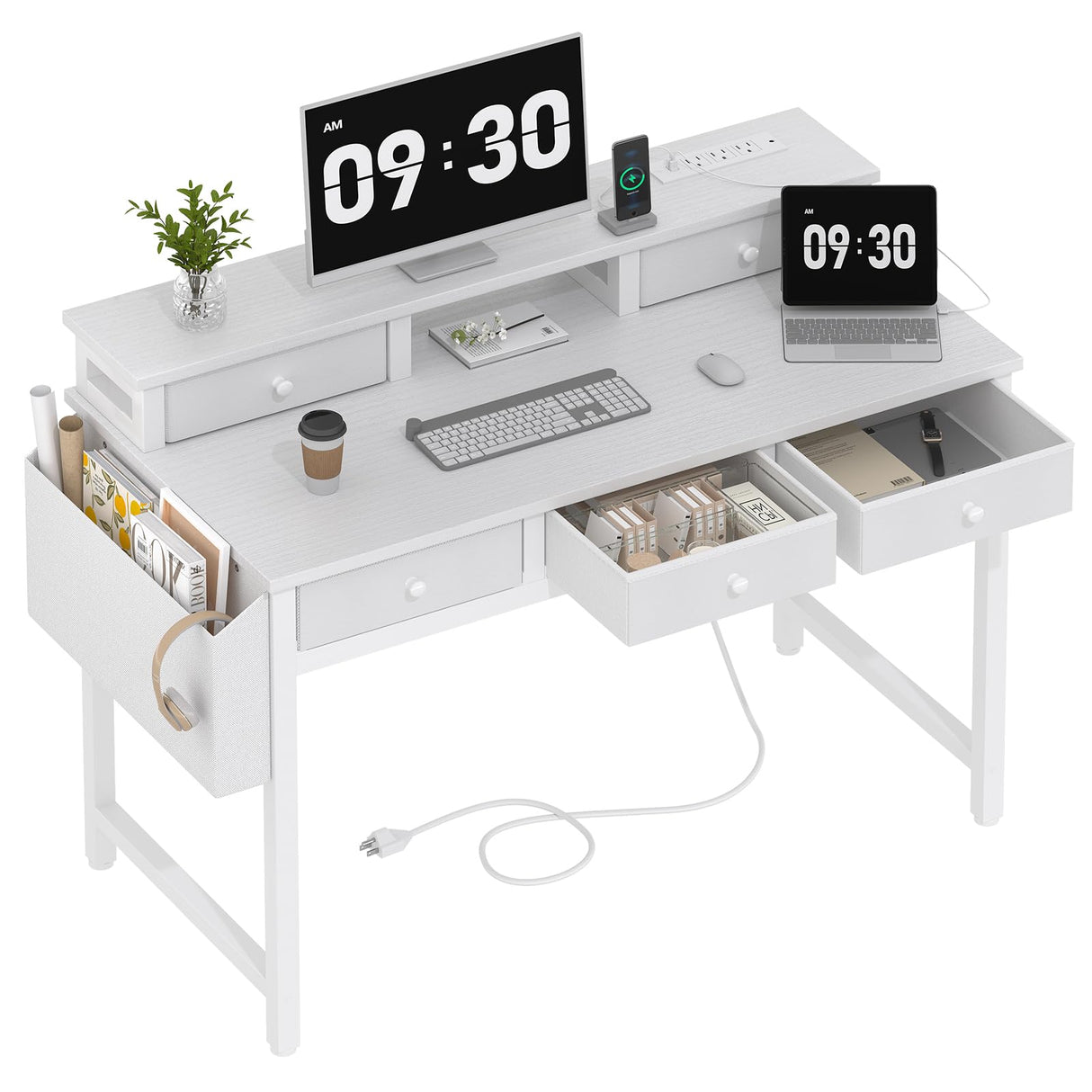 Lufeiya White Computer Desk with Fabric Drawers for Home Office, 40 inch Vanity Makeup Desk with Drawers Storage for Bedroom, Writing Study Table with Power Outlet & Monitor Stand, White Lufeiya