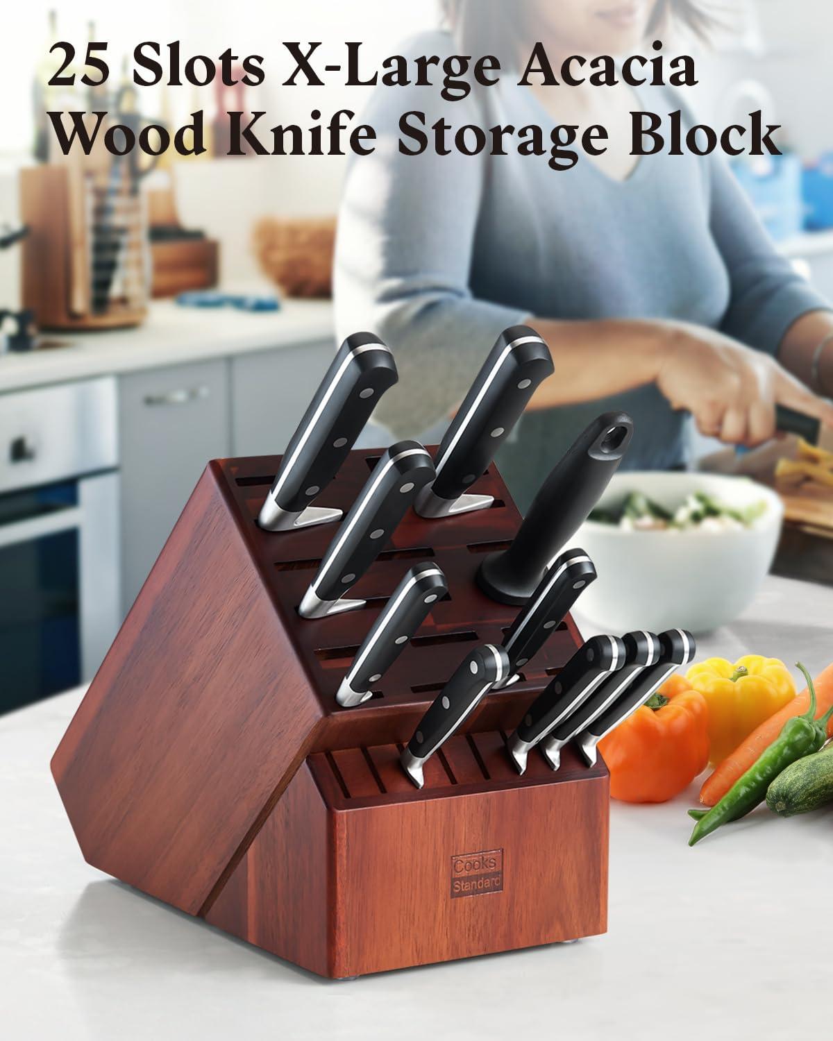Cooks Standard Acacia wood Knife Block Holder without Knives, 25 Slot X-Large Universal Countertop Butcher Block Kitchen Knife Stand for Easy Kitchen Storage Cooks Standard