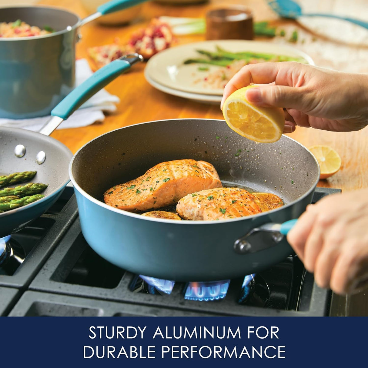 Rachael Ray Cucina Nonstick Cookware Pots and Pans Set, 12 Piece, Agave Blue Rachael Ray