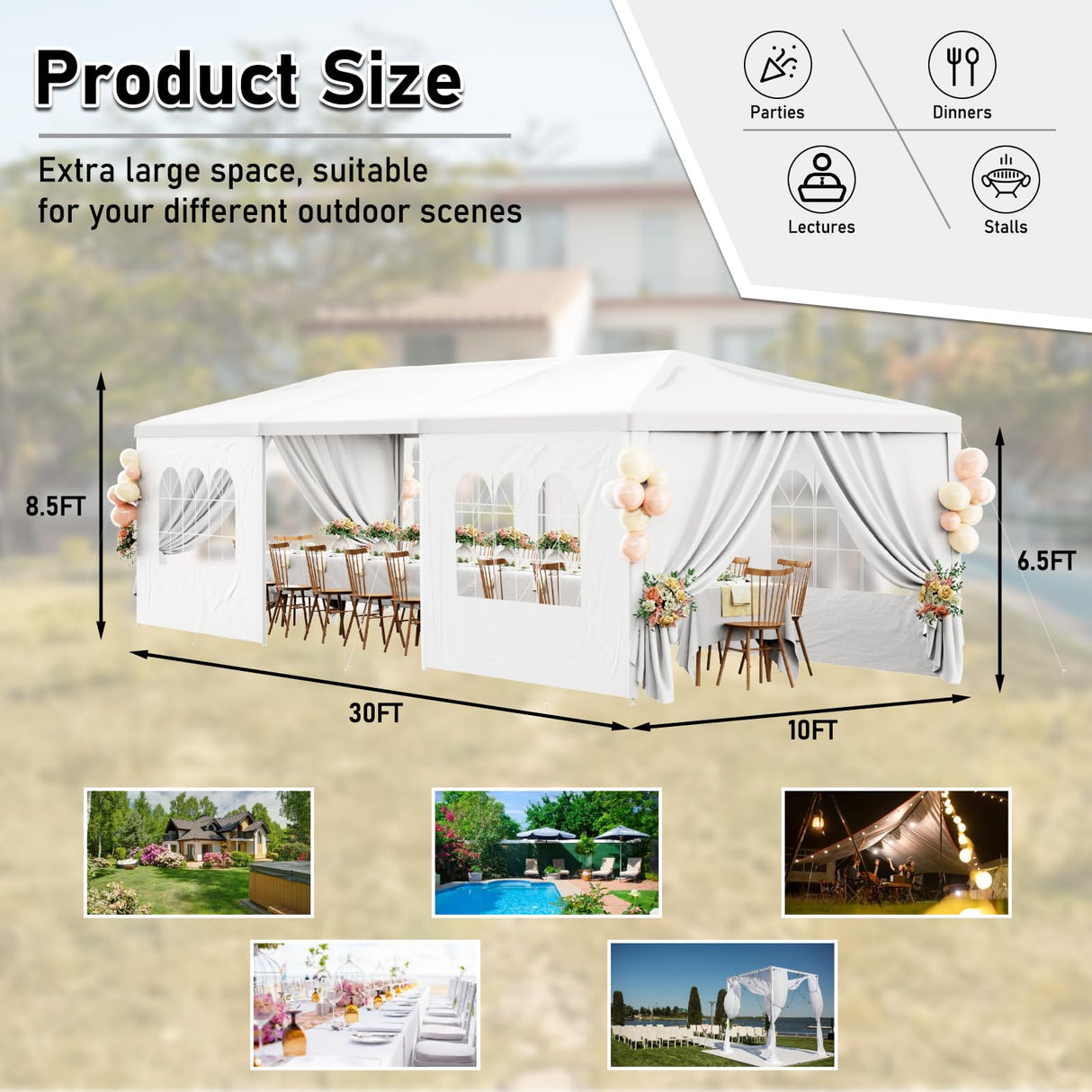 White Party Tent 10X30 Outdoor Canopy Tents for Parties Heavy Duty Waterproof Patio Gazebo Shelter with 7 Removable Sidewalls Wedding BBQ Events Tent for Birthday Holiday Backyard Garden Christmas susici