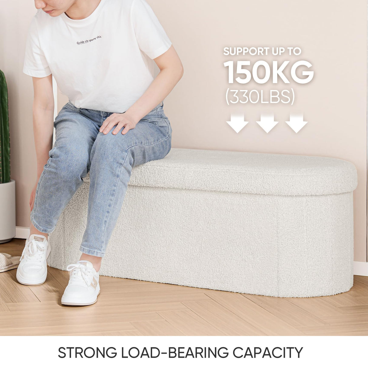 B FSOBEIIALEO Ottoman with Storage for Living Room, Sherpa Folding Storage Ottoman Foot Rest, 43.3 Inches Collapsible Bedroom Bench Cream White B FSOBEIIALEO