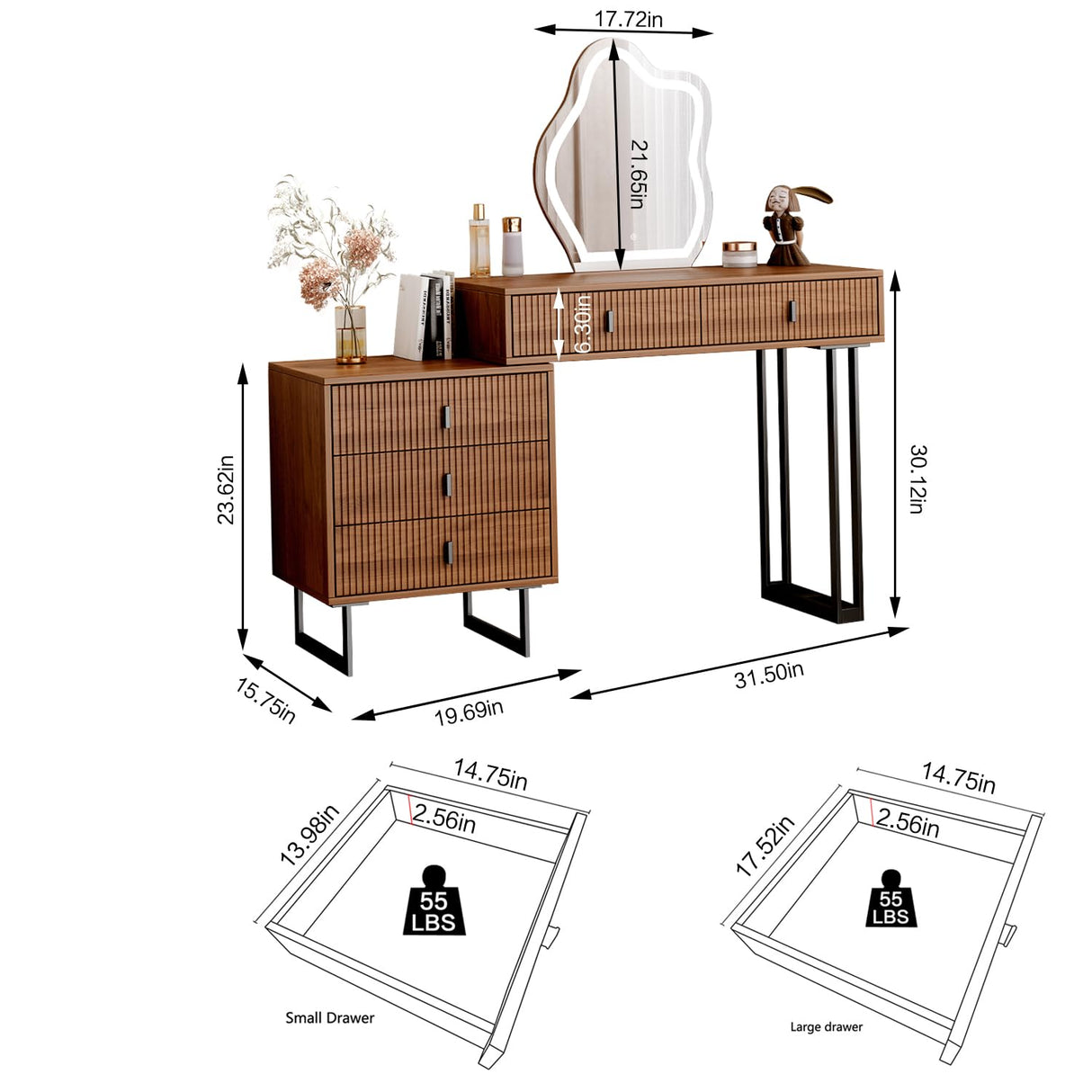 Ieejdn Vanity Desk with Mirror and Lights,Small Makeup Vanity with 5 Large Drawer, Makeup Desk with 3 Color Lighting Modes Adjustable Brightness,Dressing Table for Bedroom,Brown Ieejdn