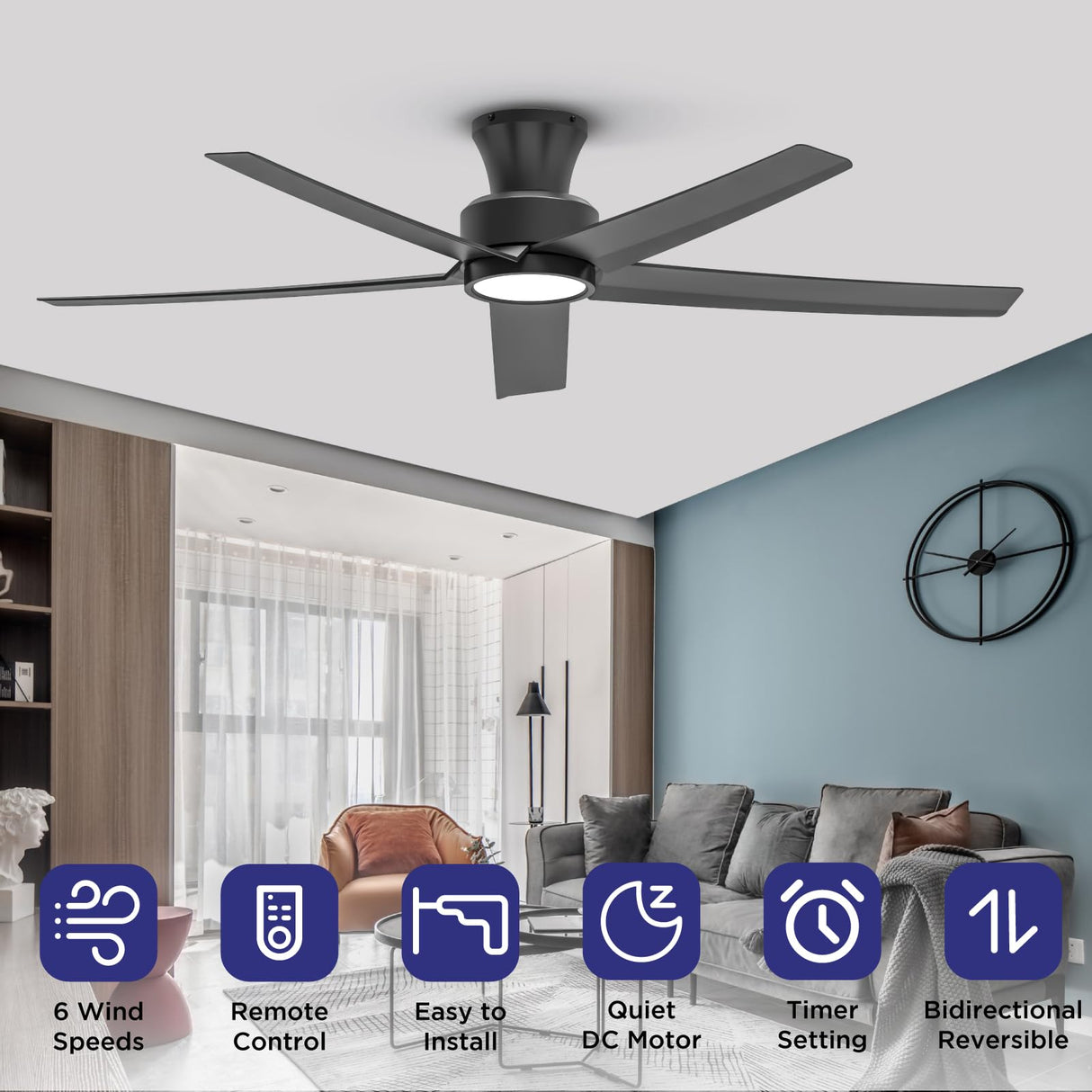 ocioc 52 inch Ceiling Fans with Lights, Large Air Volume Ceiling Fans with Reversible Quiet DC Motor and Remote(Black) ocioc