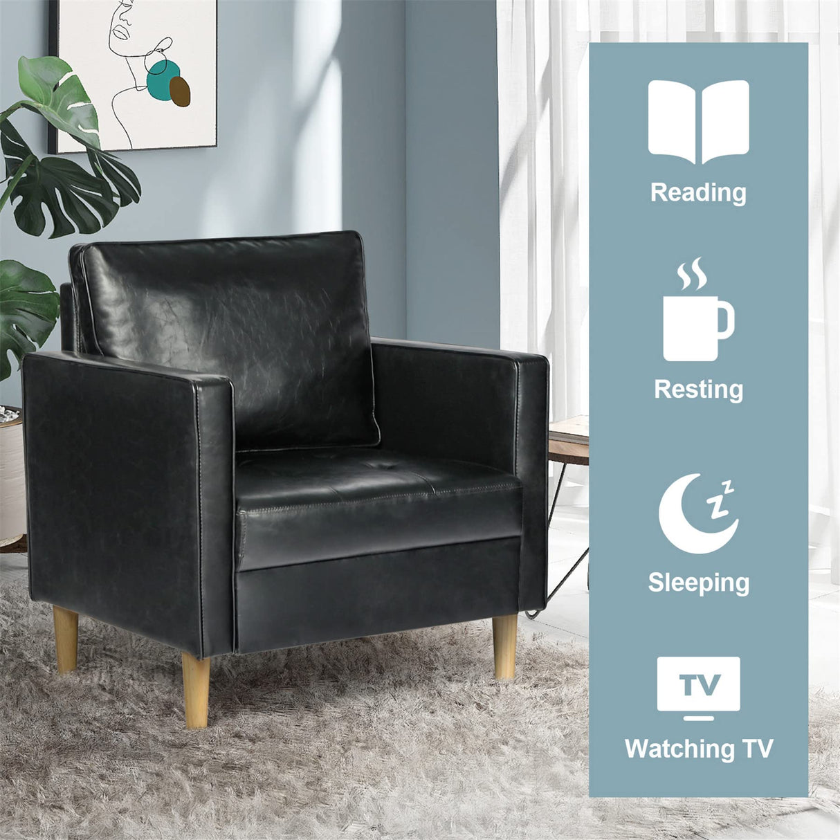 STHOUYN Black Faux Leather Accent Chairs Set of 2 Small Living Room Bedroom Chairs, Comfy Reading Chair Single Sofa for Adults, Suitable Small Spaces Office Couch, Easy Assembly STHOUYN