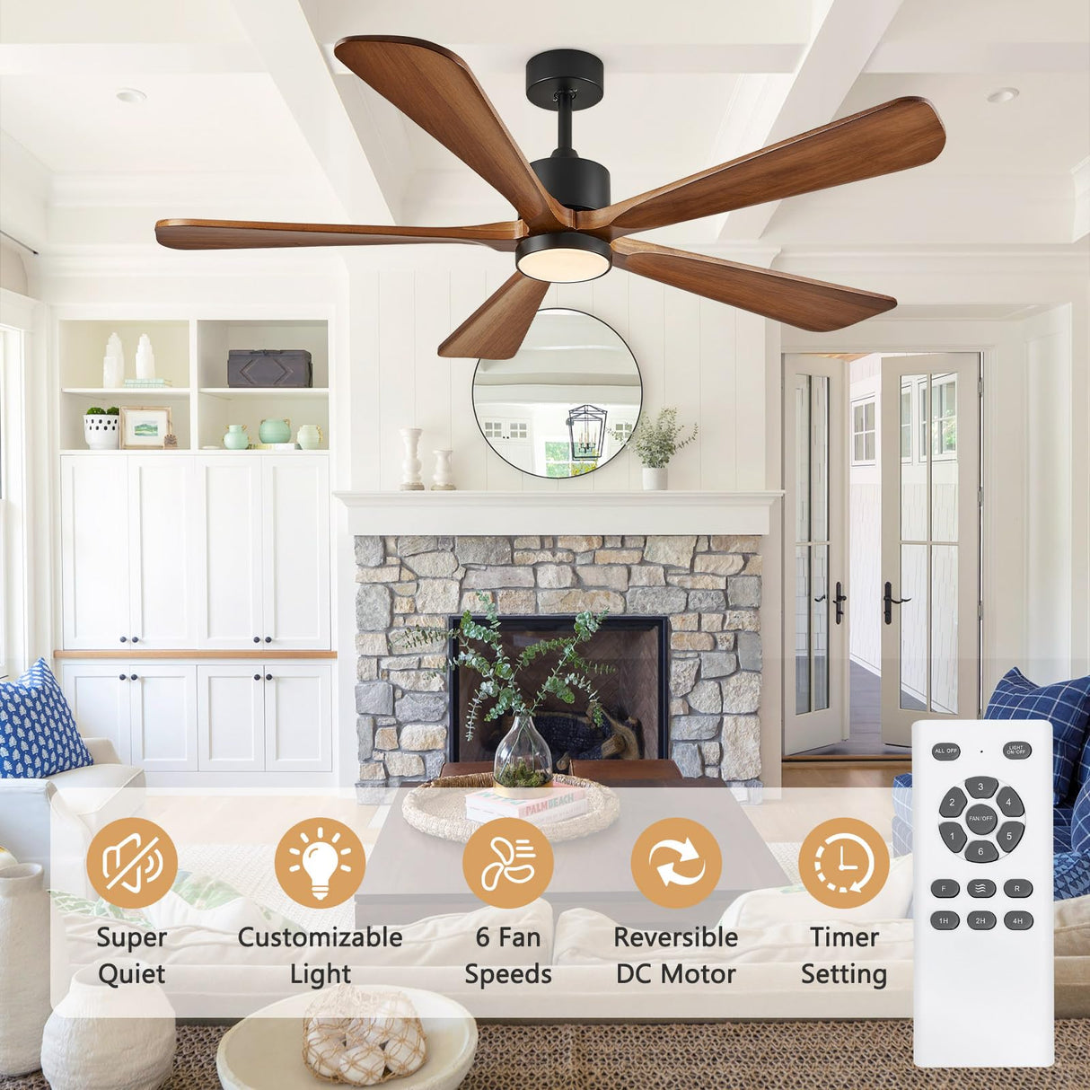 BOOSANT 5 Blade Ceiling Fans with Lights, 60 inch Outdoor Ceiling Fans with Remote Control for Patio Bedroom, Modern Ceiling Fan with Light, 5 Solid Wood Blades 6-Speed Reversible DC Motor(Walnut) BOOSANT