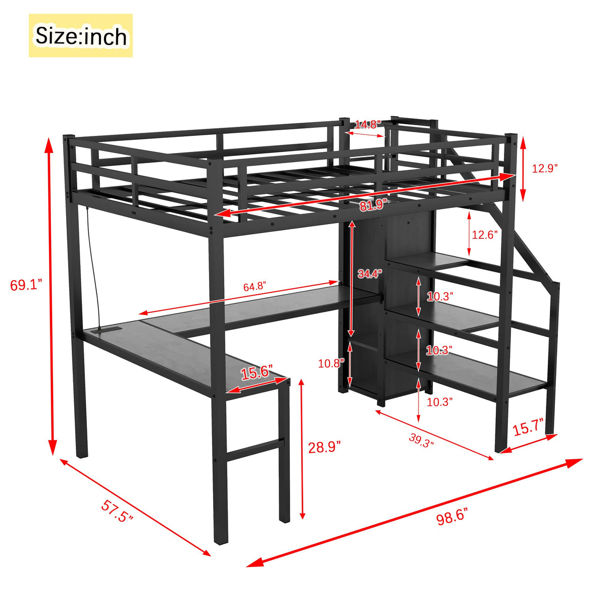 Full XL Loft Bed with Stairs and Wardrobe, Metal Loft Bed with Desk and Storage Stairs, RGB LED Loft Bed with Charging Station(USB Port, Outlets) (Full XL Loft Bed Black) Bellemave