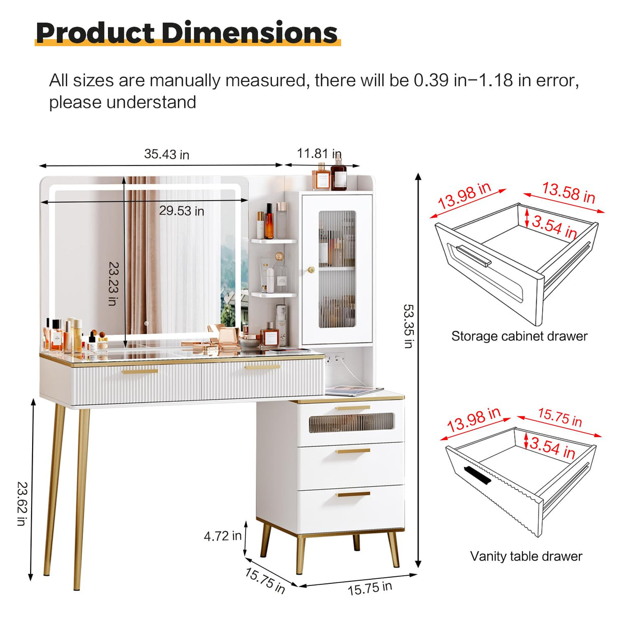 Arulvmrn Makeup Vanity Desk with Mirror and Lights, 48" Big Modern Vanity Desk with 5 Drawers & Shelves, Dressing Table with Charging Station, Glass Top Vanity Table for Bedroom,White Arulvmrn