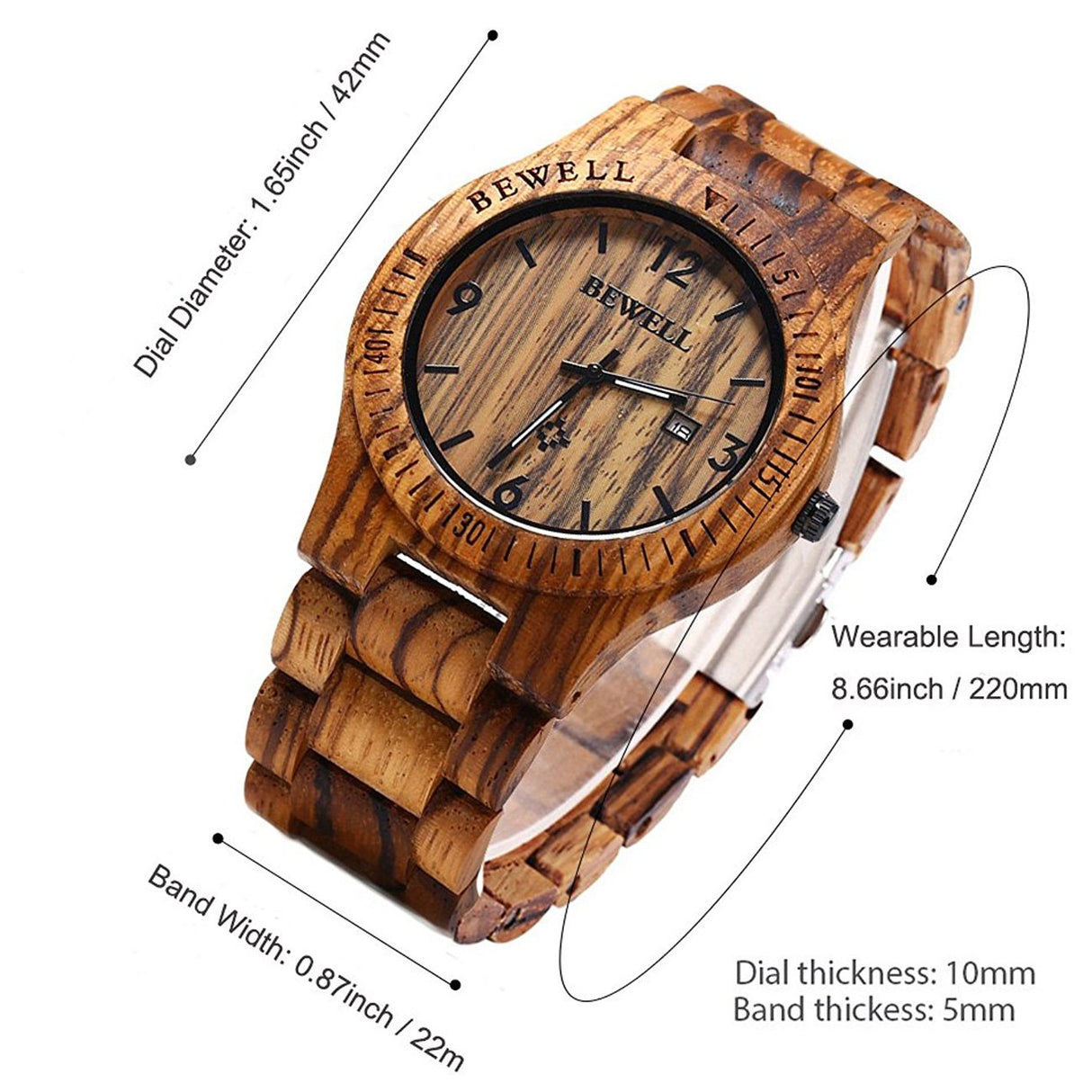 BEWELL Wooden Watch Fashion Handmade Sports Mens Wooden Watch Analog Quartz Lightweight Handmade Wood Wrist Watch BEWELL