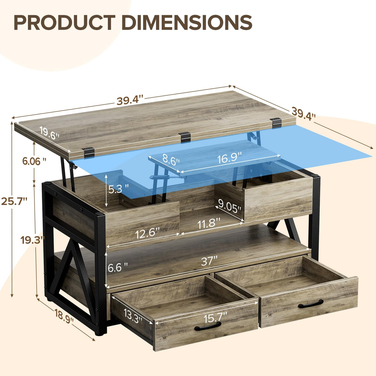 Memobarco 40" Lift Top Coffee Table,4 in 1 Multi-Function Lift Coffee Tables with Storage Drawers and Hidden Compartmen,Farmhouse Coffee Table with Lifting top for Living Room,Grey Memobarco