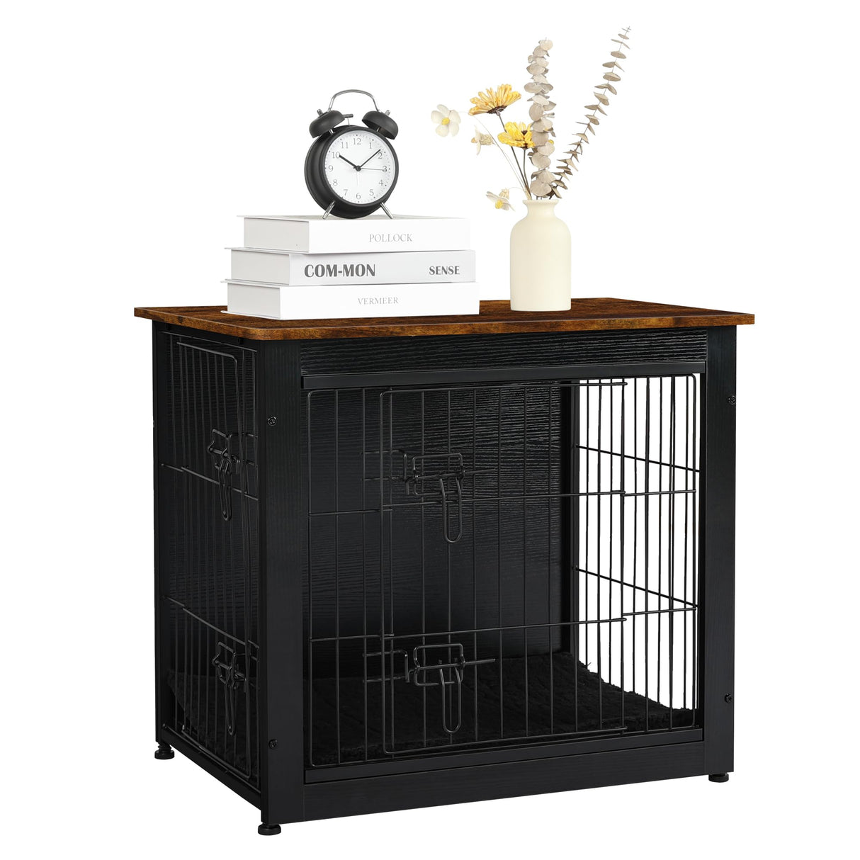 DWANTON Dog Crate Furniture with Cushion, Wooden Dog Crate with Double Doors, Dog Furniture, Dog Kennel Indoor for Small Dog,End Table, 27.2" L, Black+Rustic Brown Dwanton
