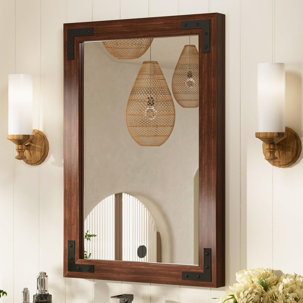 TETOTE 18 x 26 Walnut Wood Mirror for Bathroom Wall/Bedroom/Living Room/Entryway Farmhouse Rustic Bathroom Vanity Mirror for Over Sink Waterproof (Horizontal/Vertical Mounted) TETOTE