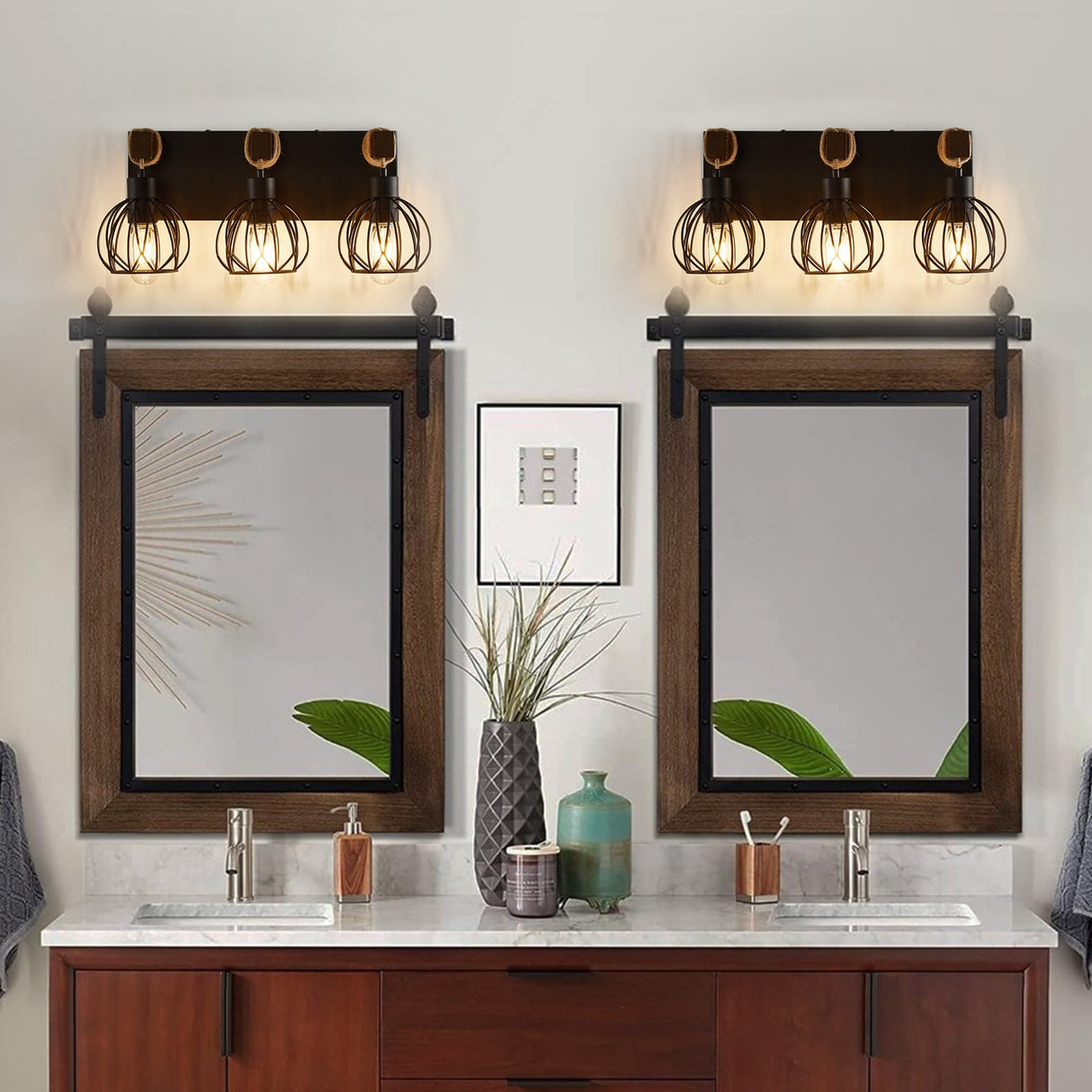 Farmhouse Bathroom Light fixtures, 3 Light Wood Bathroom Lights Over Mirror, Rustic Rattan Black Vanity Light with Globe Metal lampshade, Sconces Wall Lighting for Bathroom, Living Bedroom Hallway Zhizenl