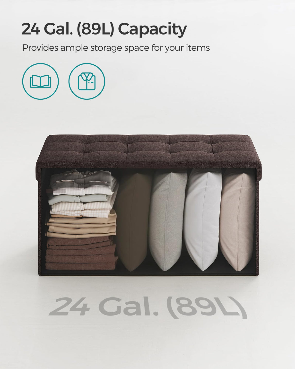 SONGMICS Mazie Collection - 30 Inches Folding Storage Ottoman Bench, Ottoman Foot Rest, End of Bed Bench, Storage Chest, Load 660 lb, for Living Room, Bedroom, Entryway, Brown ULSF047K02 SONGMICS