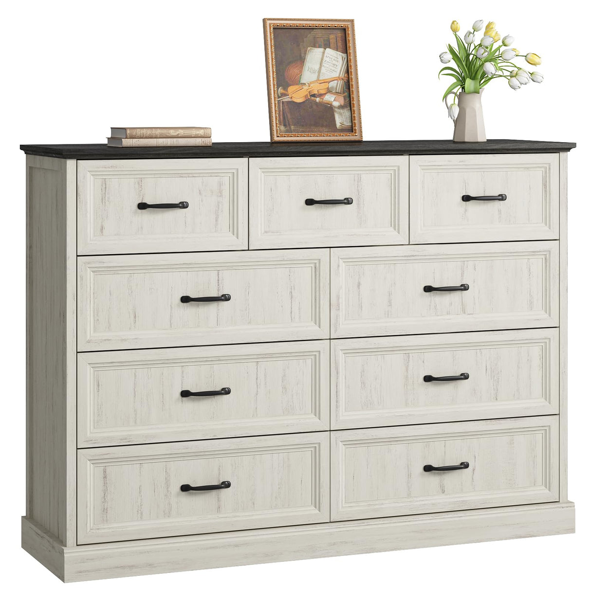 Farmhouse 9 Drawer Dresser for Bedroom, 55 Inch Wide Modern White Dresser TV Stand with Large Drawers & Bar Handles, Rustic Wood Chest of Drawers for Bedroom, Living Room, Hallway, Entryway. CARPETNAL