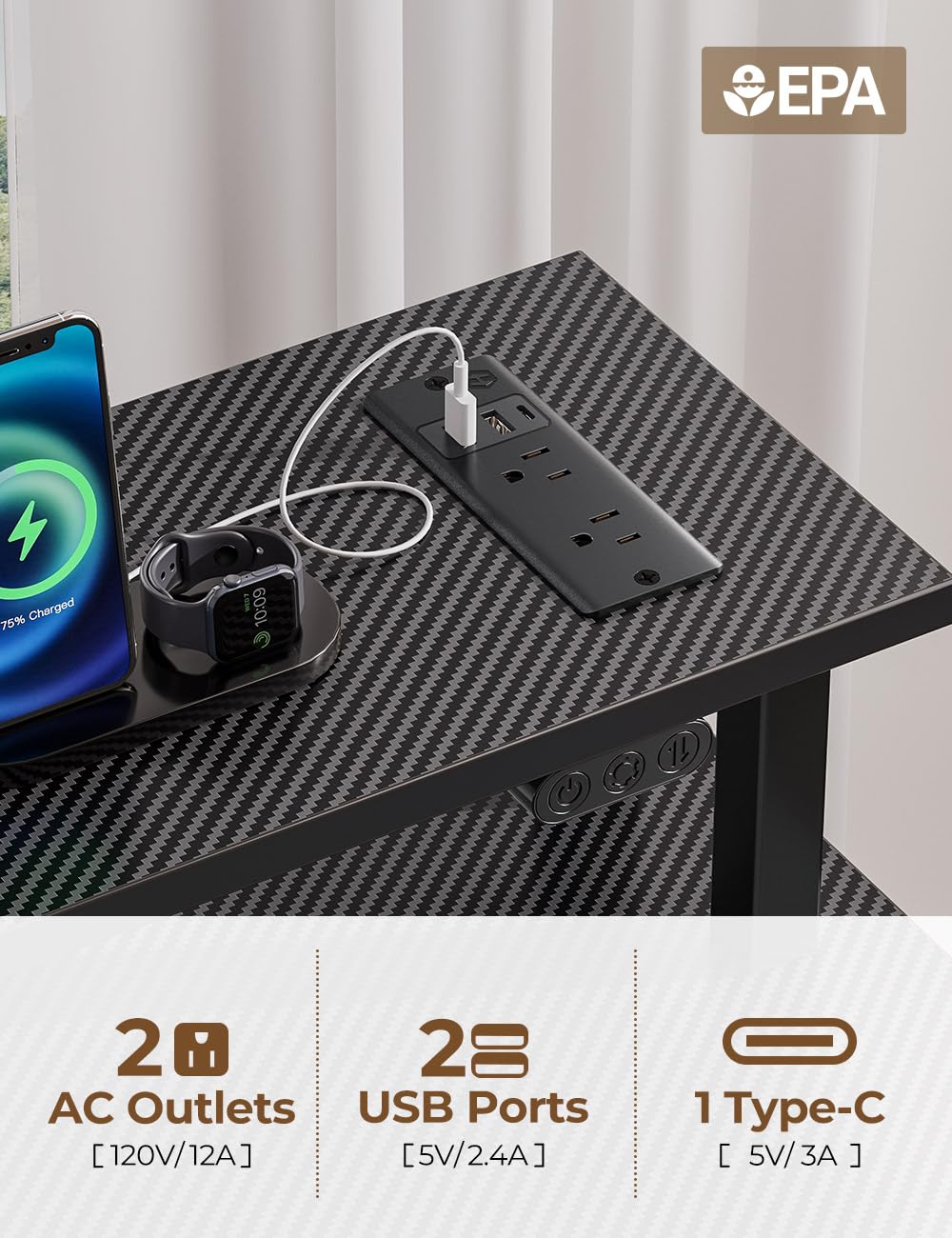 Rolanstar Computer Desk with Power Outlets & LED Light, 55 inch Home Office Desk with 3 Drawers and Storage Shelves, Writing Desk with Monitor Stand, Modern Work Desk for Home Office, Carbon Black Rolanstar