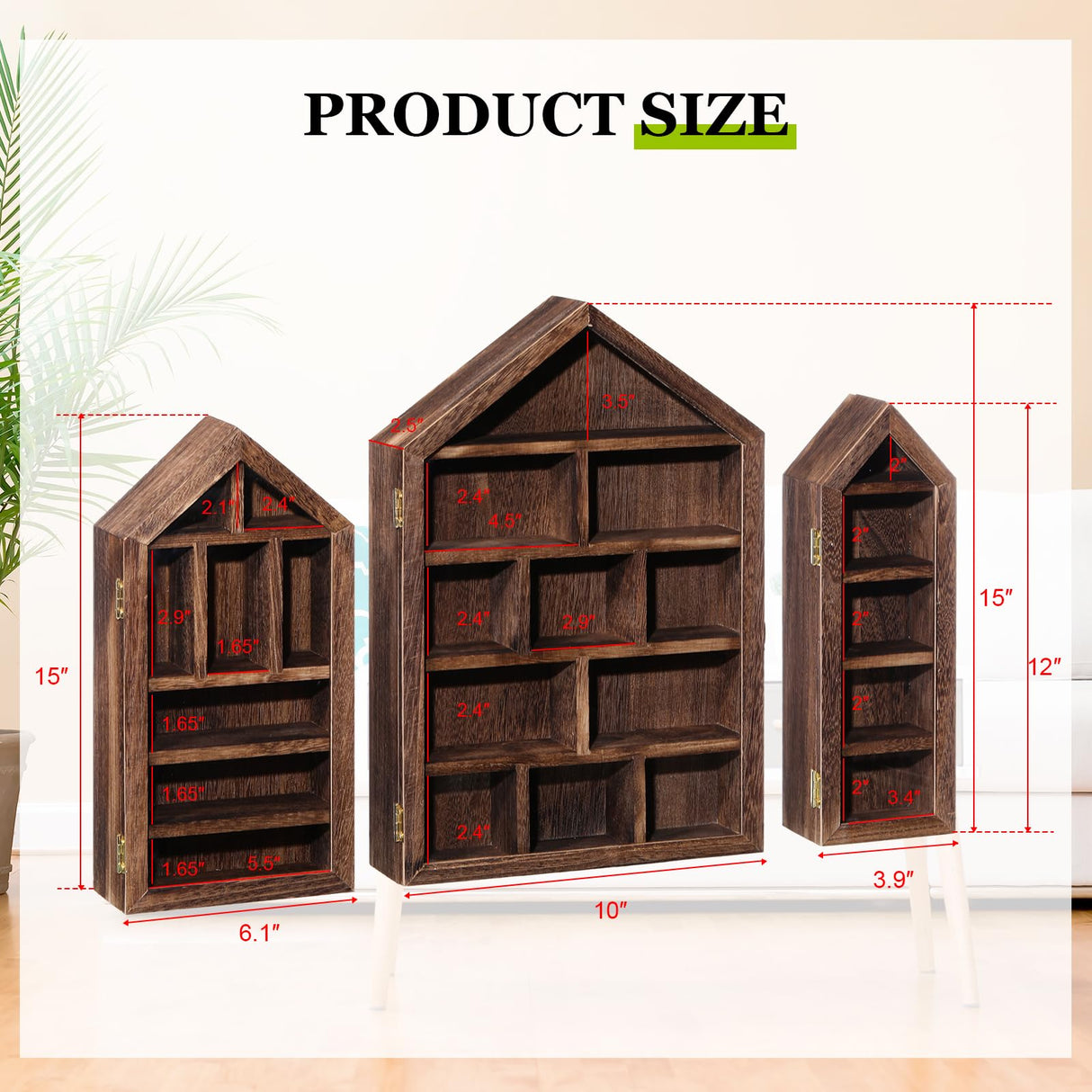 DoubleFill Set of 3 Shadow Cubby Boxes Wooden Display Shelf 10 x 15 Inch Large Wall Mounted Display Storage Shelves for Mini Figures Curio Trinket Medals Crafts Collections(Brown,House Shape) DoubleFill
