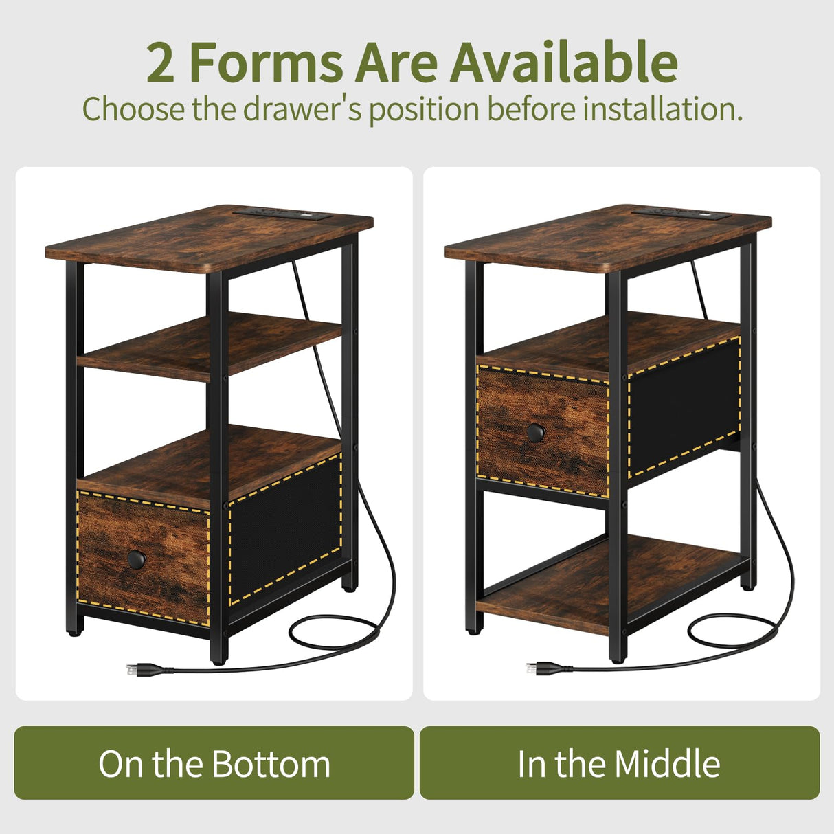 Yoobure End Table with Charging Station, Narrow Side Table with Adjustable Fabric Drawer, 3-Tier End Tables Living Room, Small Nightstand with Outlets, LED Skinny Night Stand for Bedroom Small Spaces Yoobure