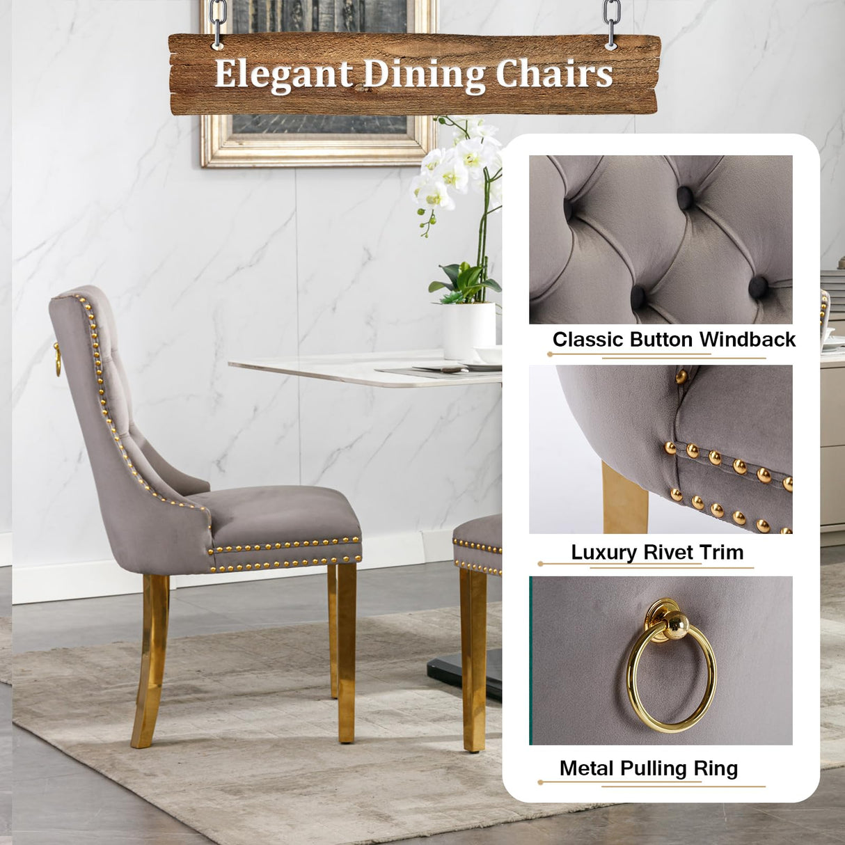 7-Piece Dining Table Set with 6 Grey Upholstered Chairs, 70" Black Gold Faux Marble Kitchen Table Set for 6, O-Shape Pedestal Dining Room Table Set for 6, Modern Dining Table Set for 6 Nimaolt