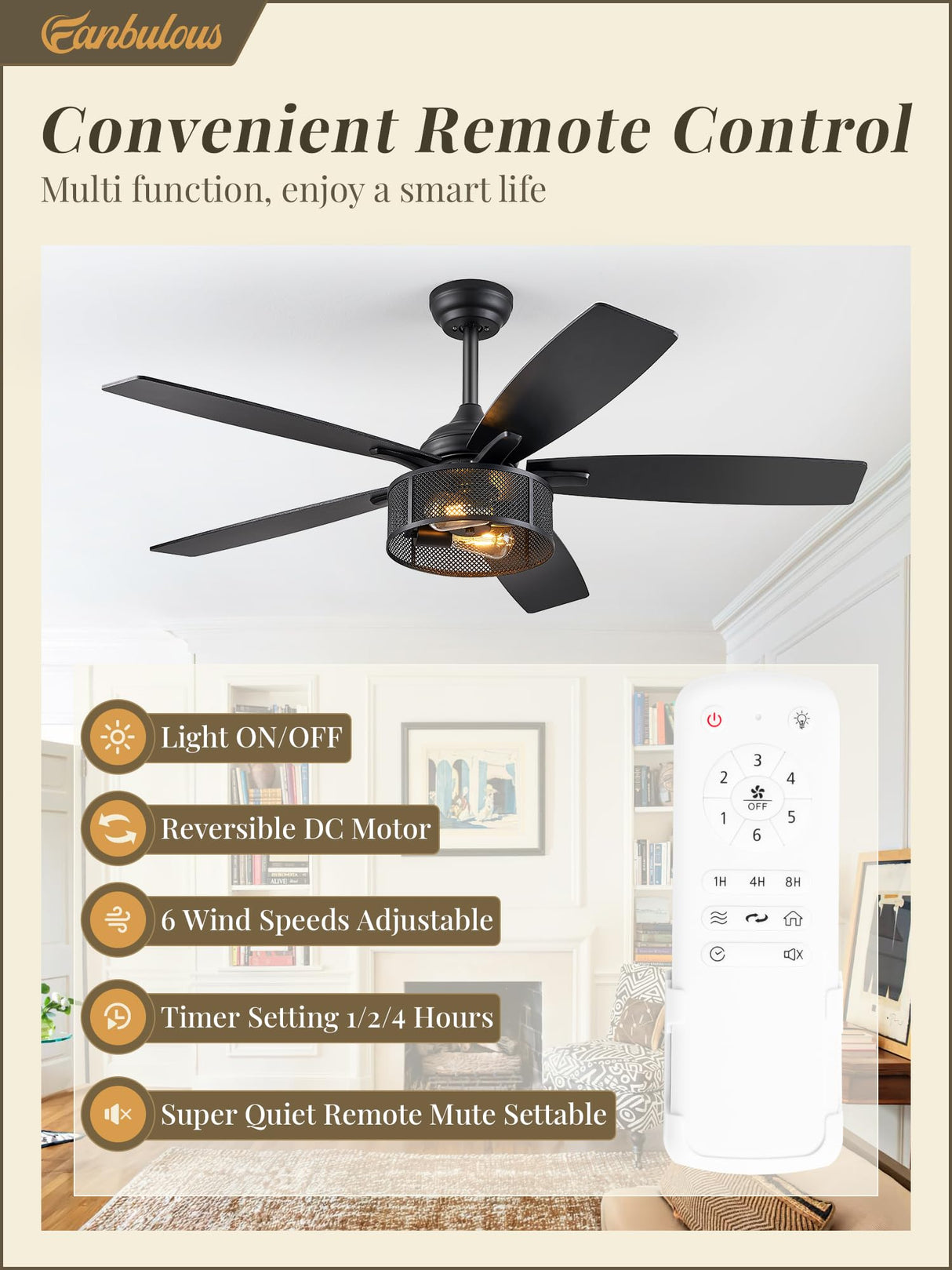 Farmhouse Ceiling Fans with Lights and Remote, 52 Inch Industrial Black Caged Ceiling Fans for Living Room Bedroom Kitchen, 6 Speed Reversible Quiet DC Motor, Dual Finish 5 Blades Fanbulous
