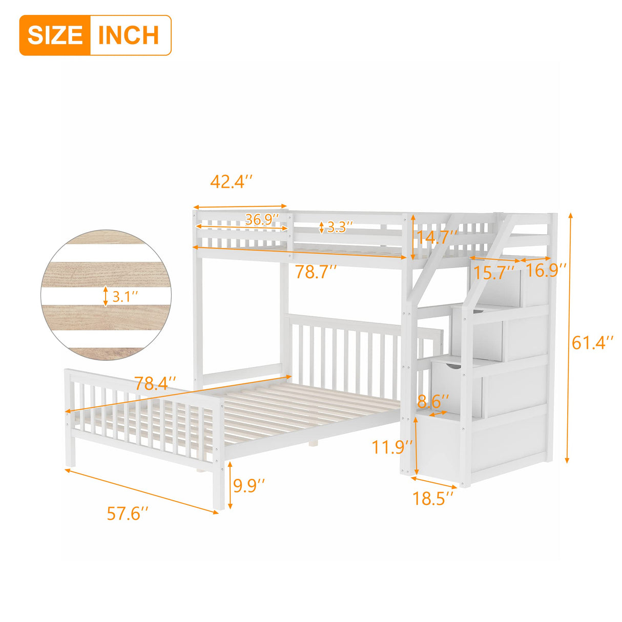 Twin Over Full Bunk Bed, L-Shaped Loft Bed Platform with 3 Storage Staircase, Durable Wood Bedroom Furniture with Safety Guardrail,Convertible Bunk Bed for Family Teens, No Box Spring Needed, White JYH