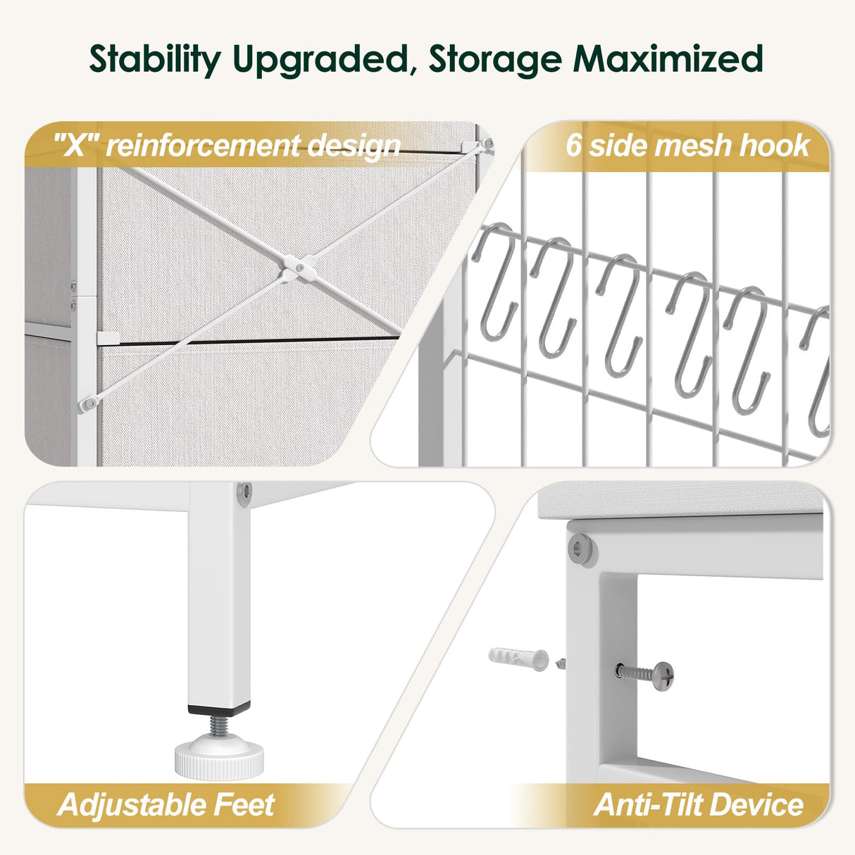 OtterOasis 47.2" White Dresser with Hanging Rack, 2 in 1 Bedroom 6 Drawers Dresser with LED Lights & Charging Station, Wooden Dressers with Fabric Drawers and Clothing Rack for Girls, Kids OtterOasis